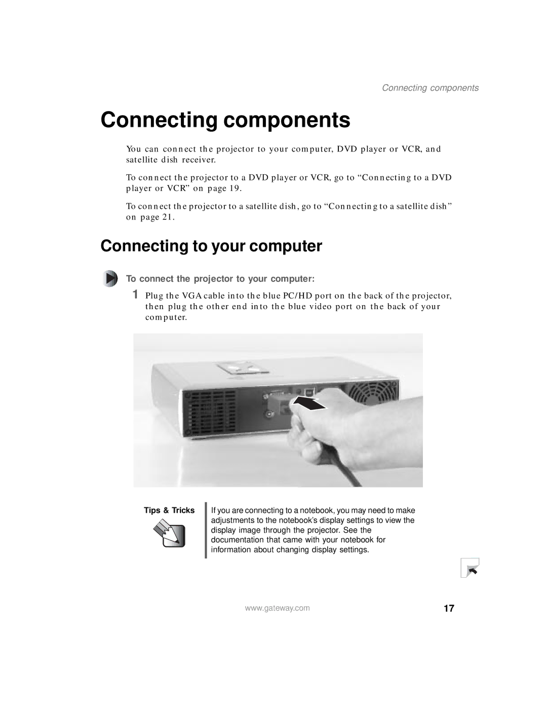 Gateway 205 specifications Connecting components, Connecting to your computer, To connect the projector to your computer 