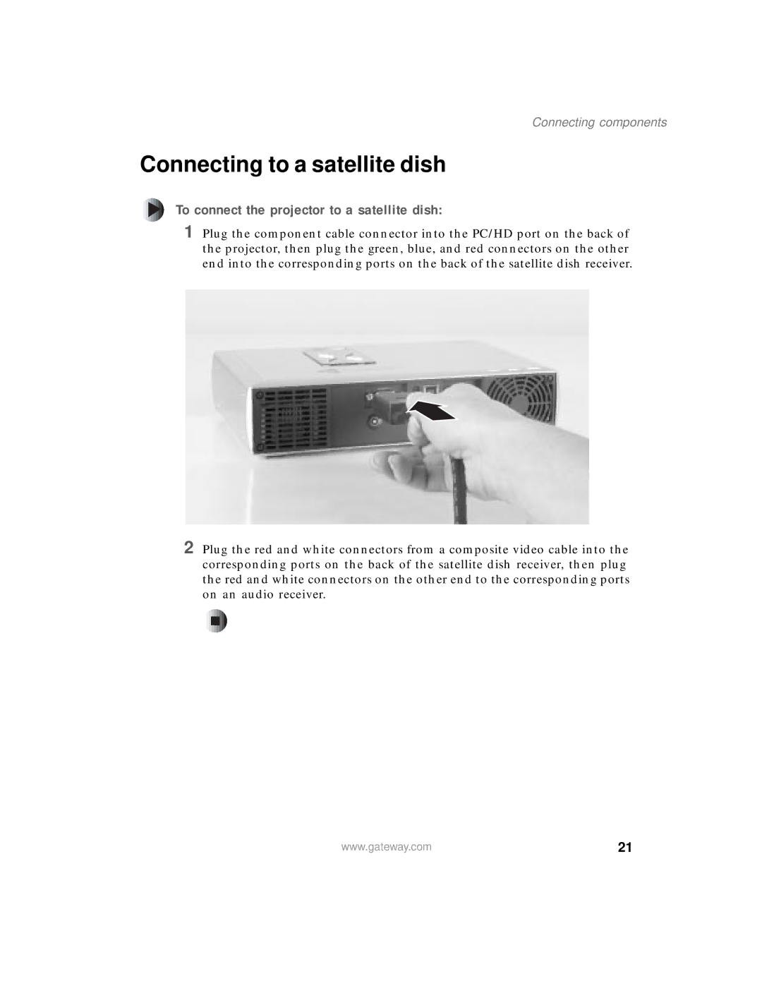 Gateway 205 specifications Connecting to a satellite dish, To connect the projector to a satellite dish 