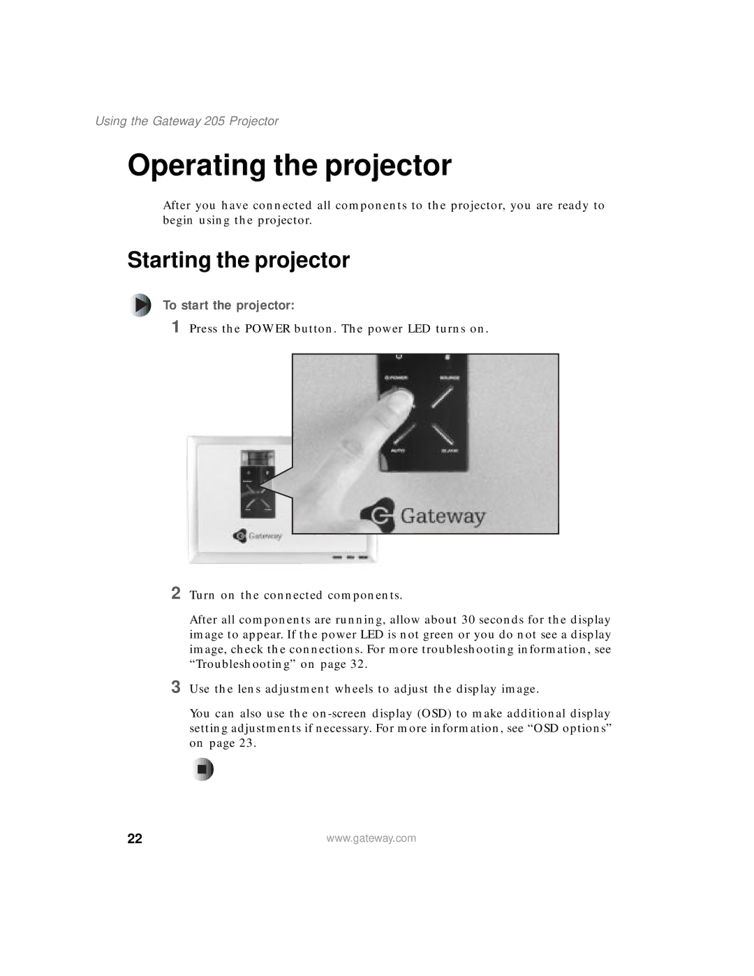 Gateway 205 specifications Operating the projector, Starting the projector, To start the projector 