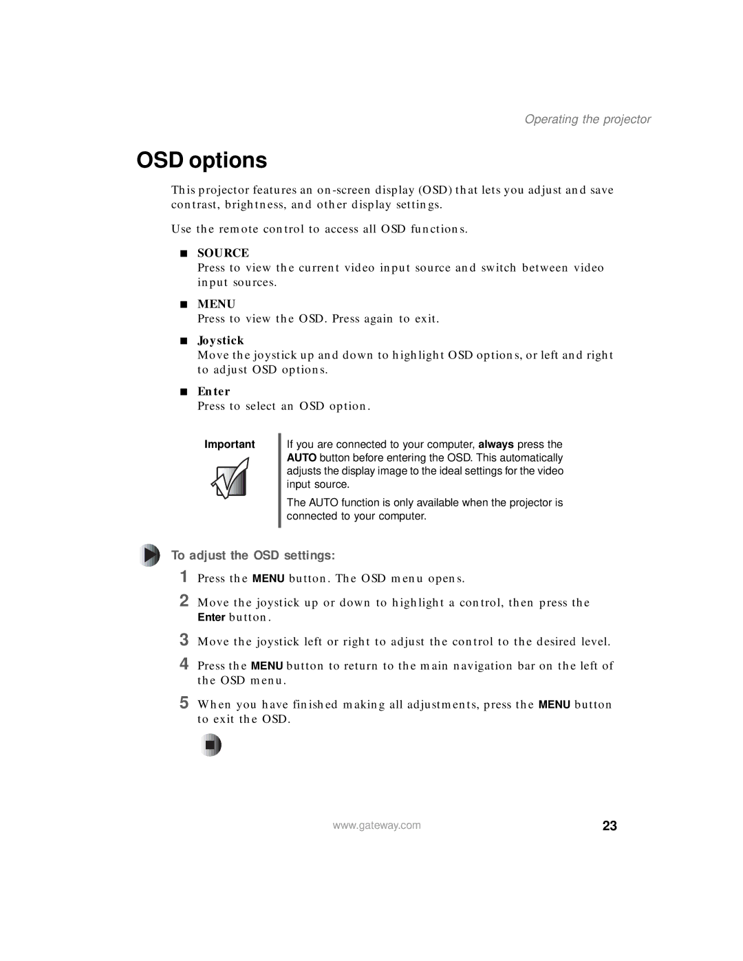 Gateway 205 specifications OSD options, To adjust the OSD settings 