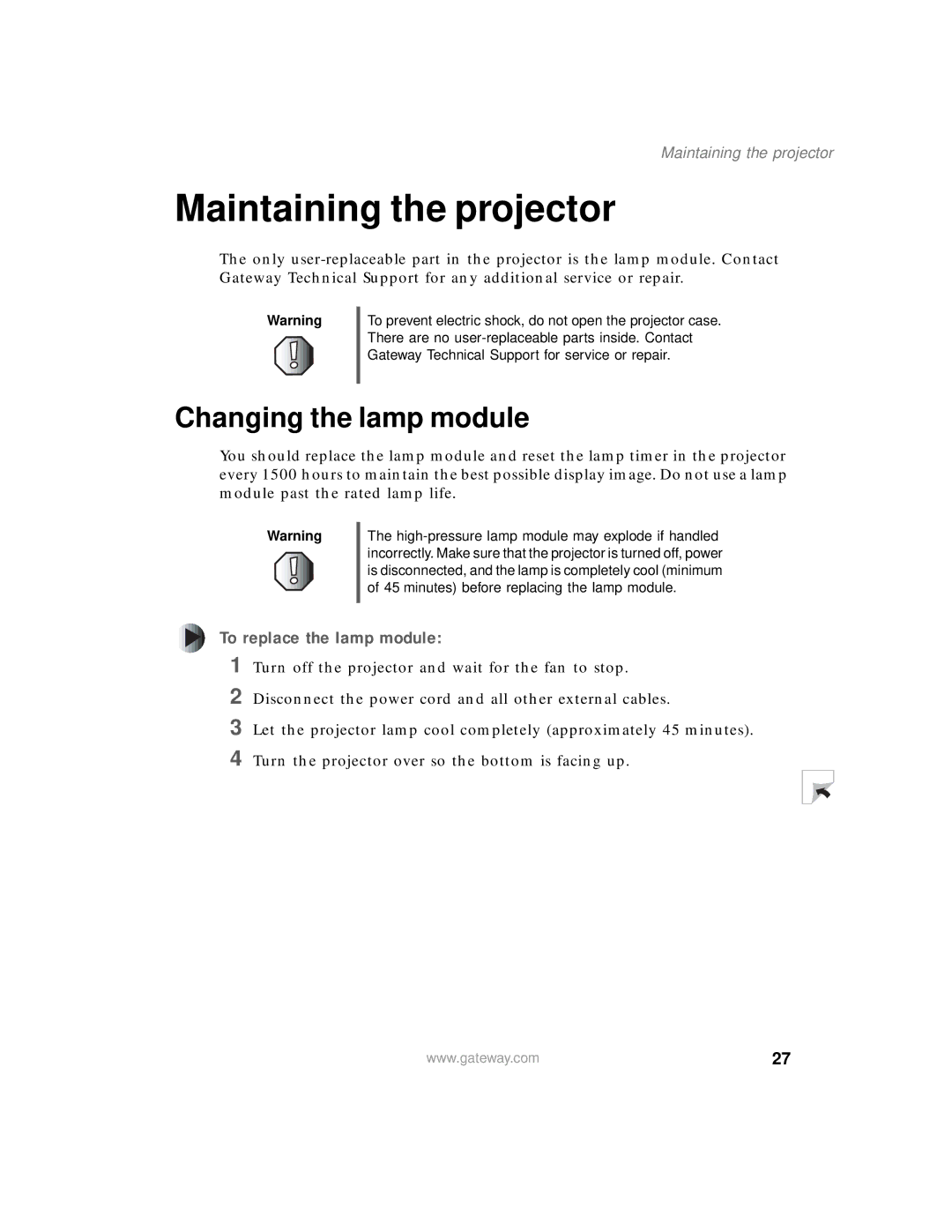 Gateway 205 specifications Maintaining the projector, Changing the lamp module, To replace the lamp module 