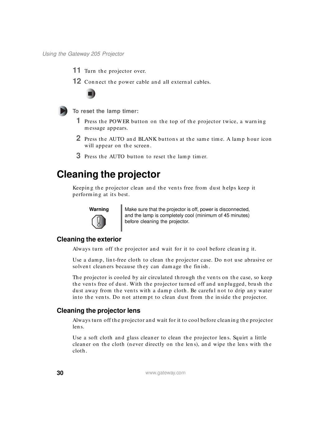 Gateway 205 specifications Cleaning the projector, To reset the lamp timer 