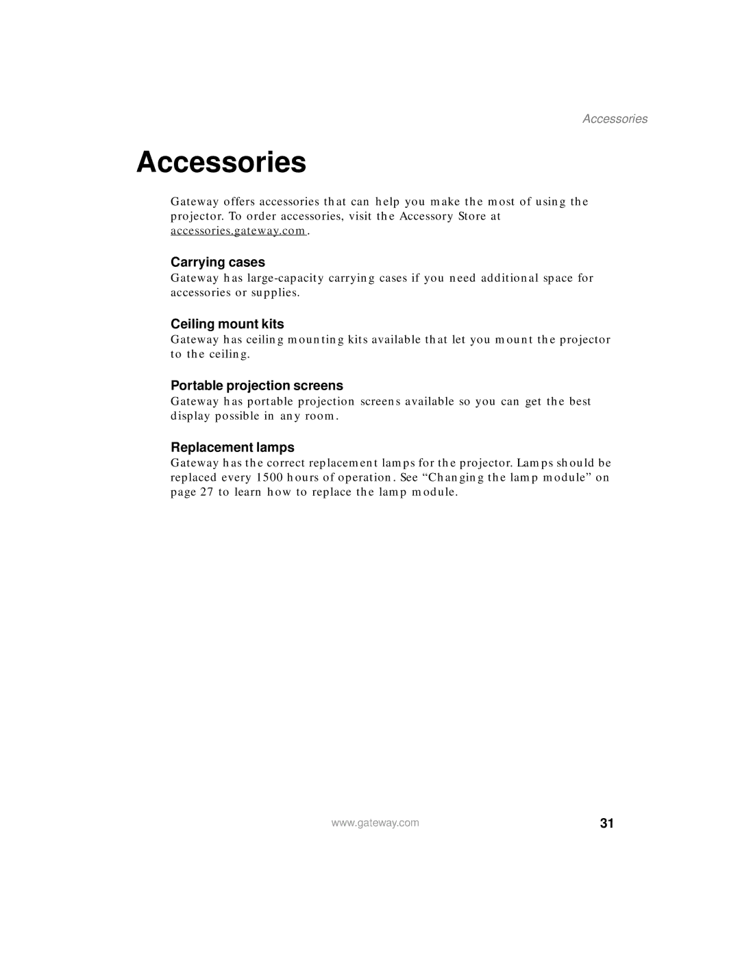 Gateway 205 specifications Accessories, Carrying cases 