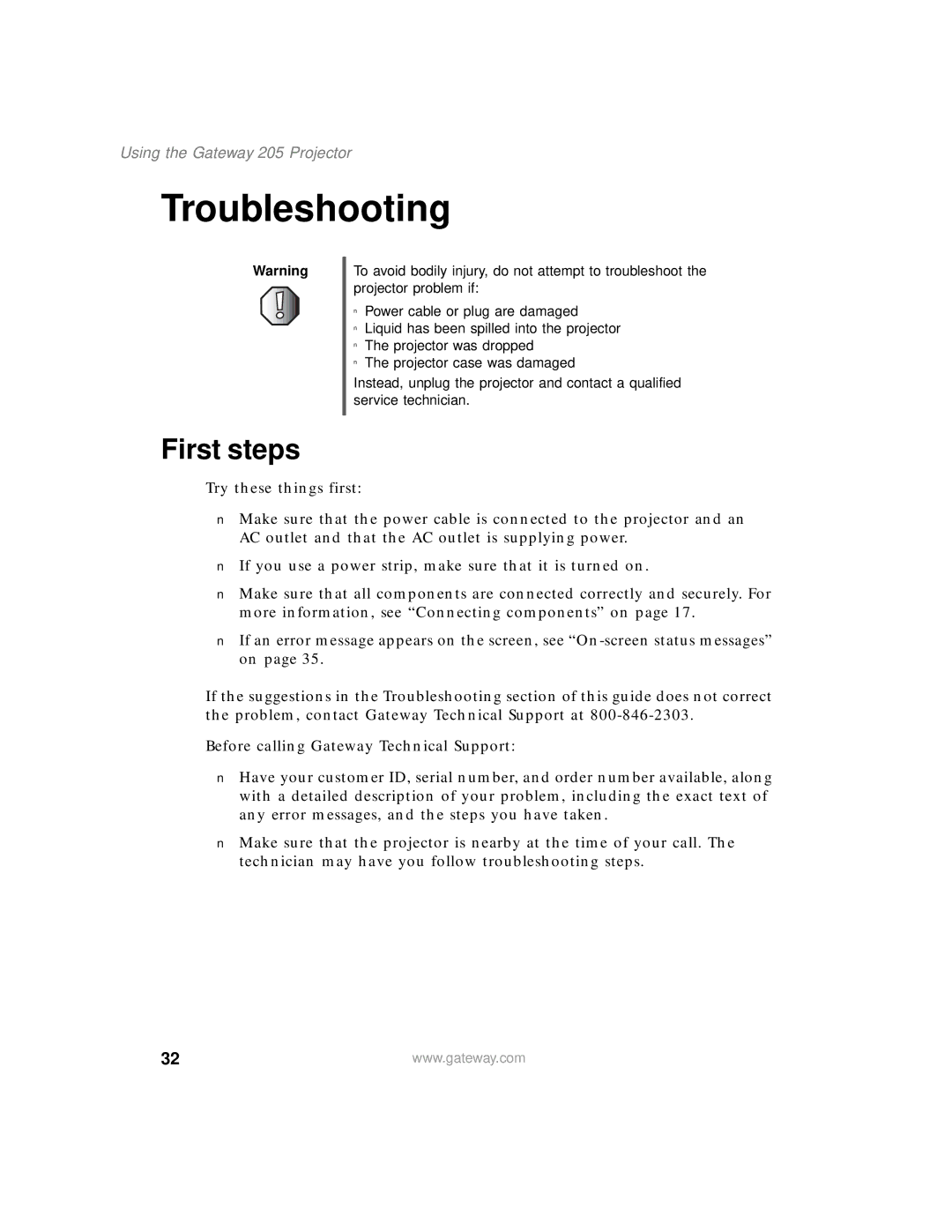 Gateway 205 specifications Troubleshooting, First steps 