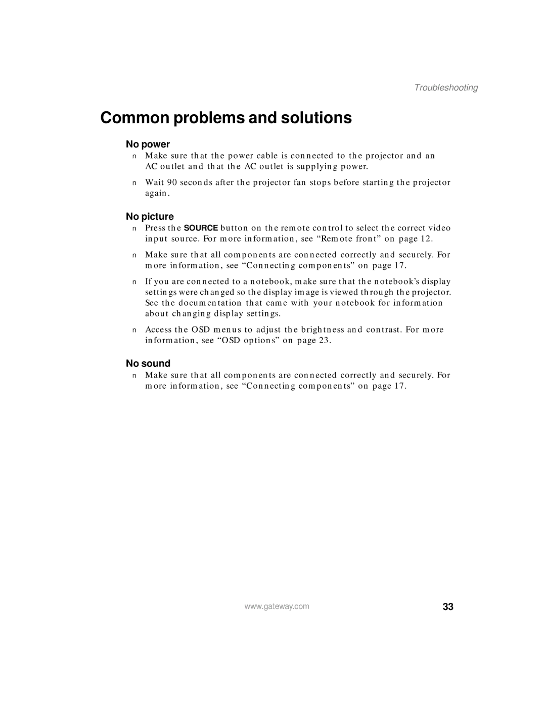 Gateway 205 specifications Common problems and solutions, No power 