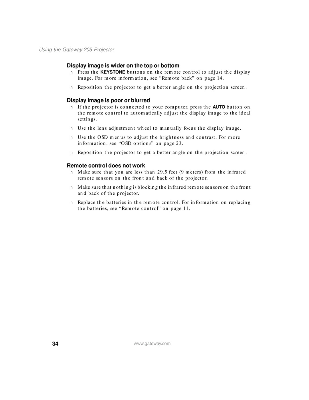 Gateway 205 specifications Display image is wider on the top or bottom 