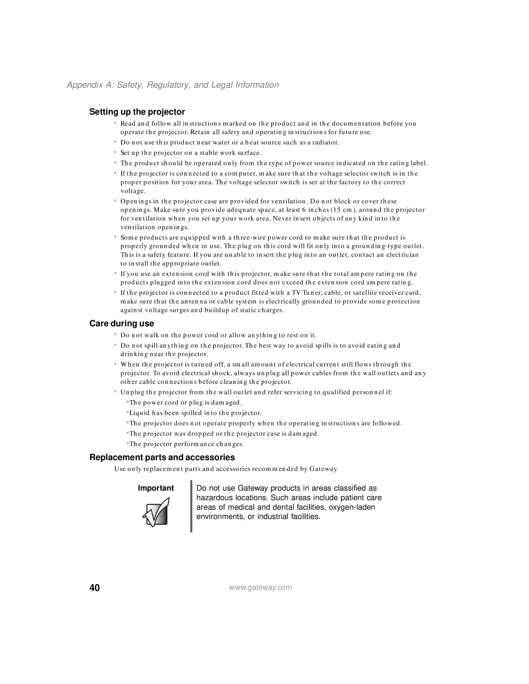 Gateway 205 specifications Setting up the projector, Care during use, Replacement parts and accessories 