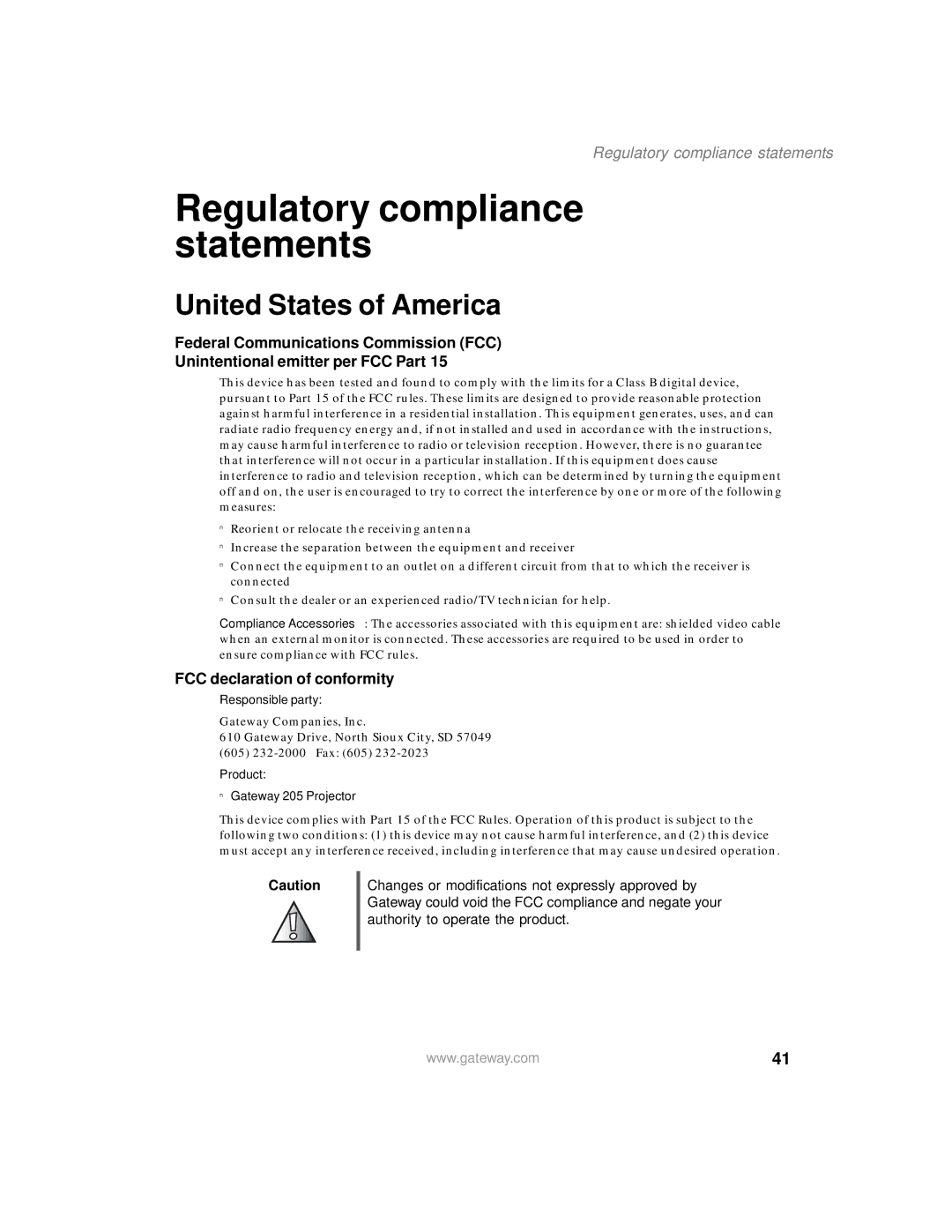 Gateway 205 specifications Regulatory compliance statements, United States of America, FCC declaration of conformity 