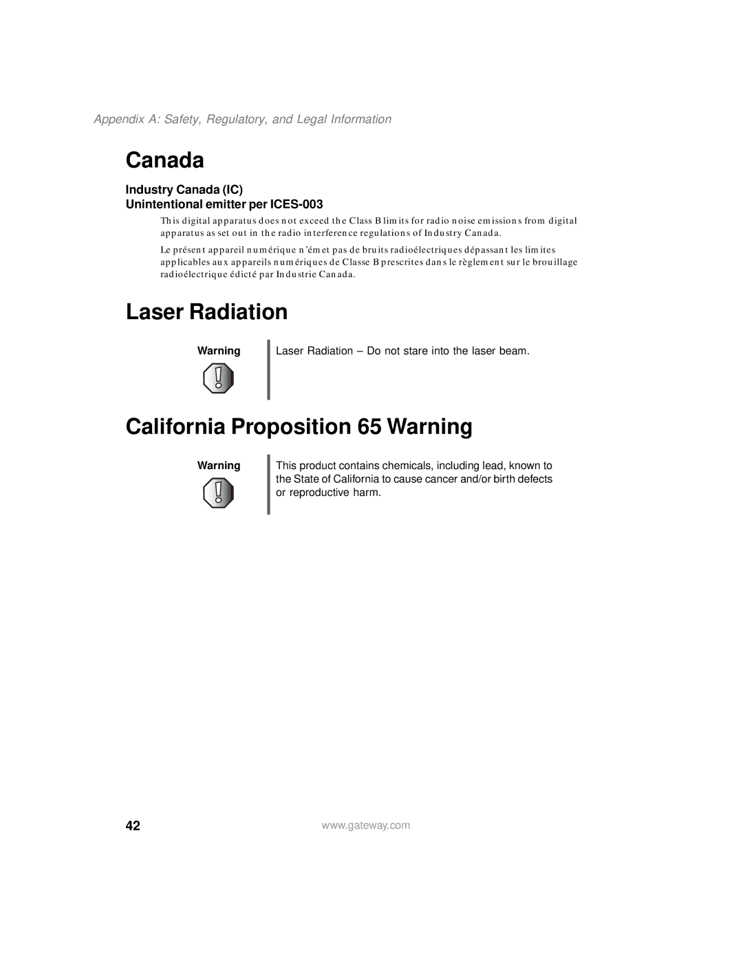 Gateway 205 specifications Canada, Laser Radiation, California Proposition 65 Warning 