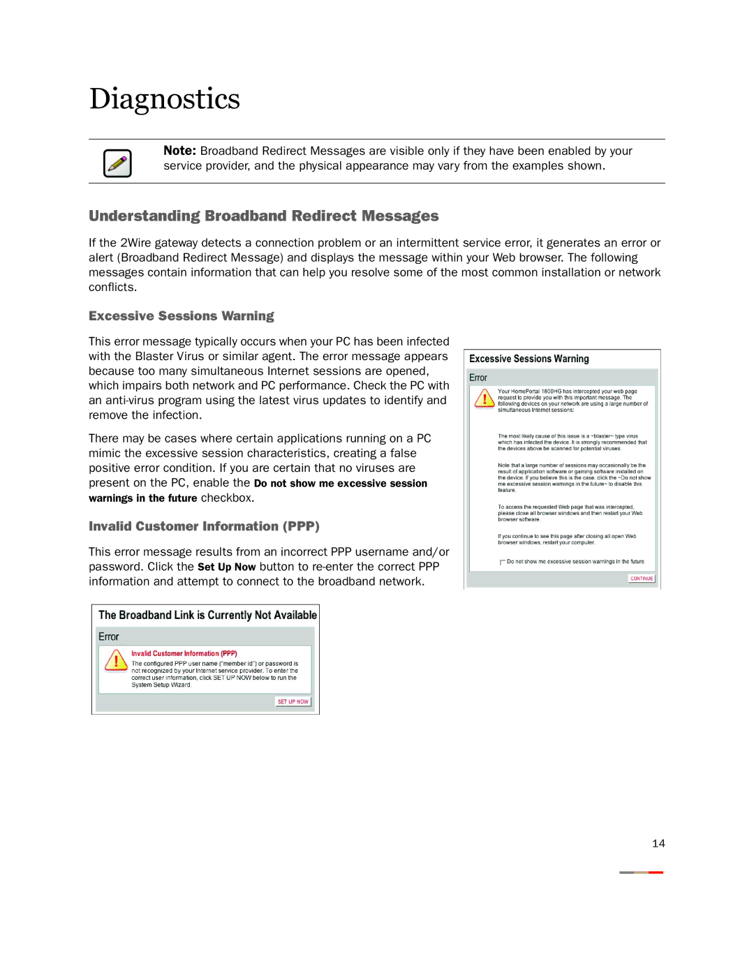 Gateway 2701HG-B manual Diagnostics, Understanding Broadband Redirect Messages, Excessive Sessions Warning 