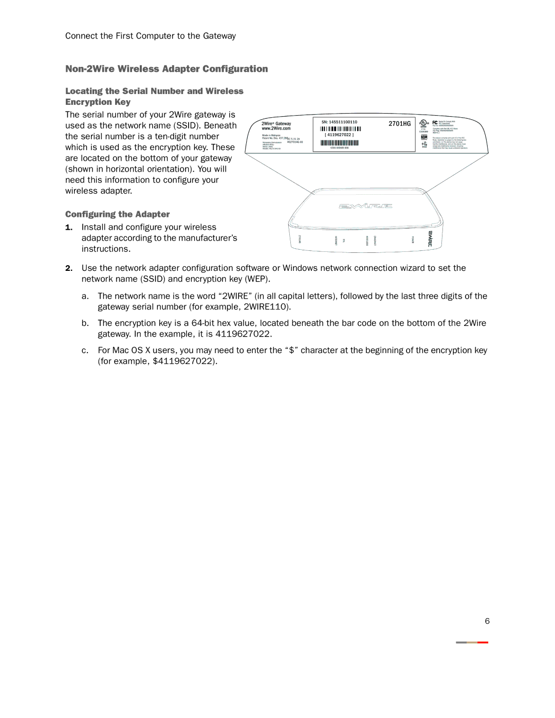 Gateway 2701HG-B manual Non-2Wire Wireless Adapter Configuration, Locating the Serial Number and Wireless Encryption Key 