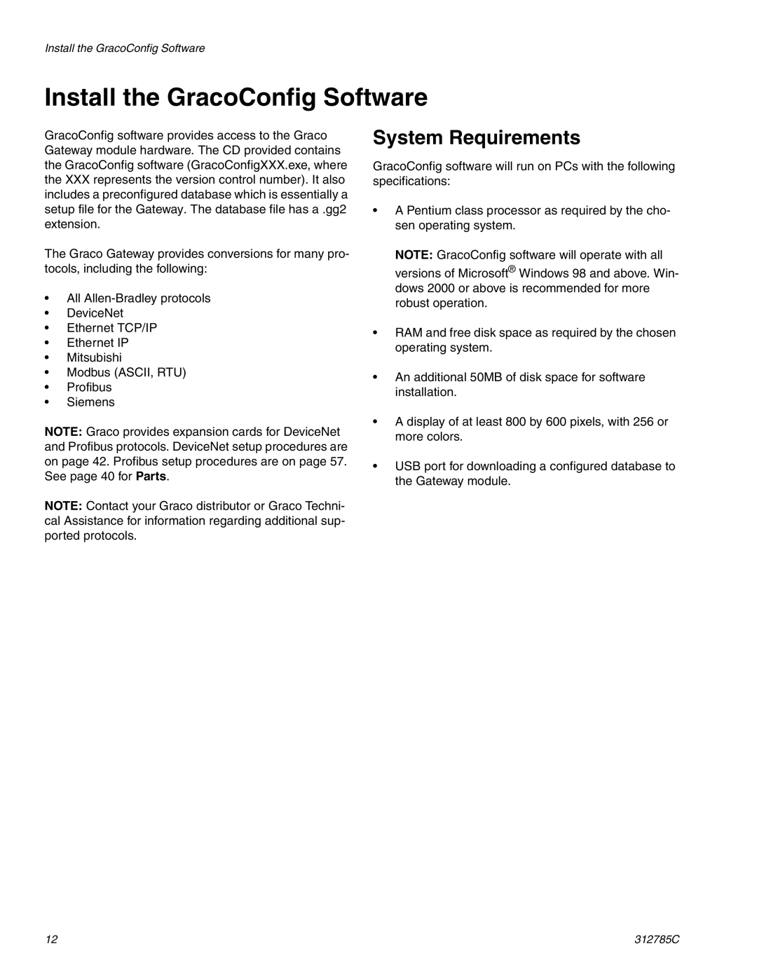 Gateway 312785C important safety instructions Install the GracoConfig Software, System Requirements 