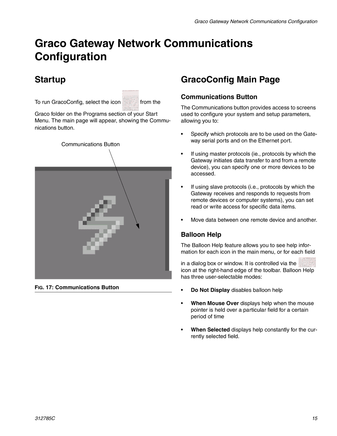 Gateway 312785C Graco Gateway Network Communications Configuration, Startup GracoConfig Main, Communications Button 