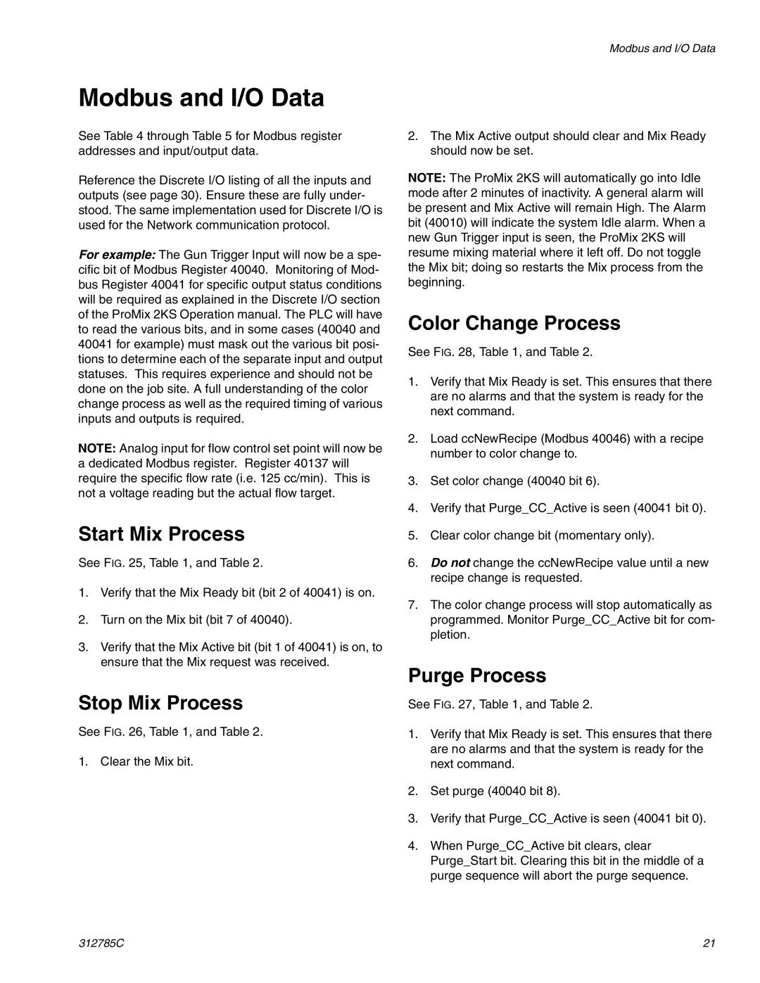 Gateway 312785C Modbus and I/O Data, Start Mix Process, Stop Mix Process, Color Change Process, Purge Process 