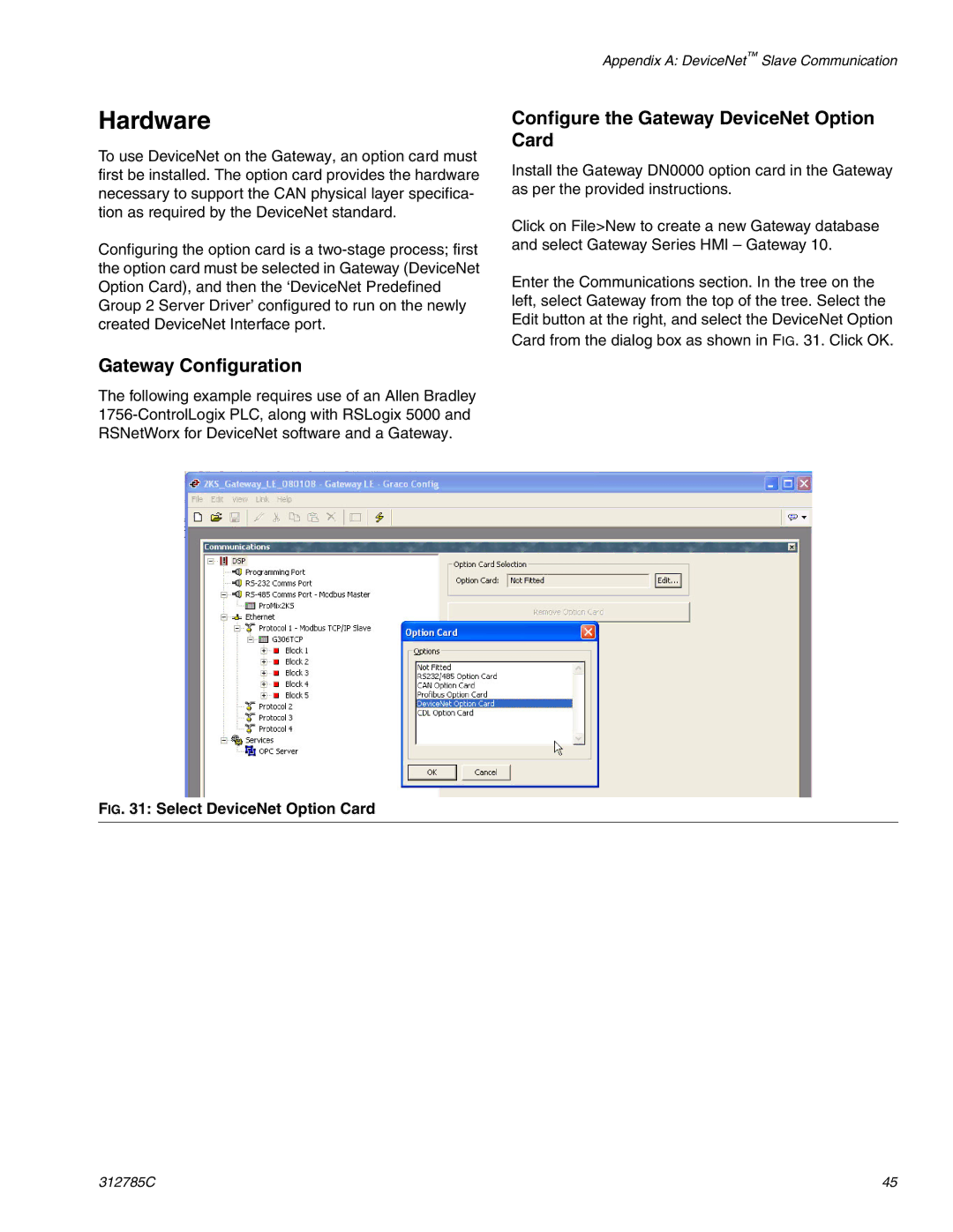 Gateway 312785C important safety instructions Hardware, Gateway Configuration, Configure the Gateway DeviceNet Option Card 