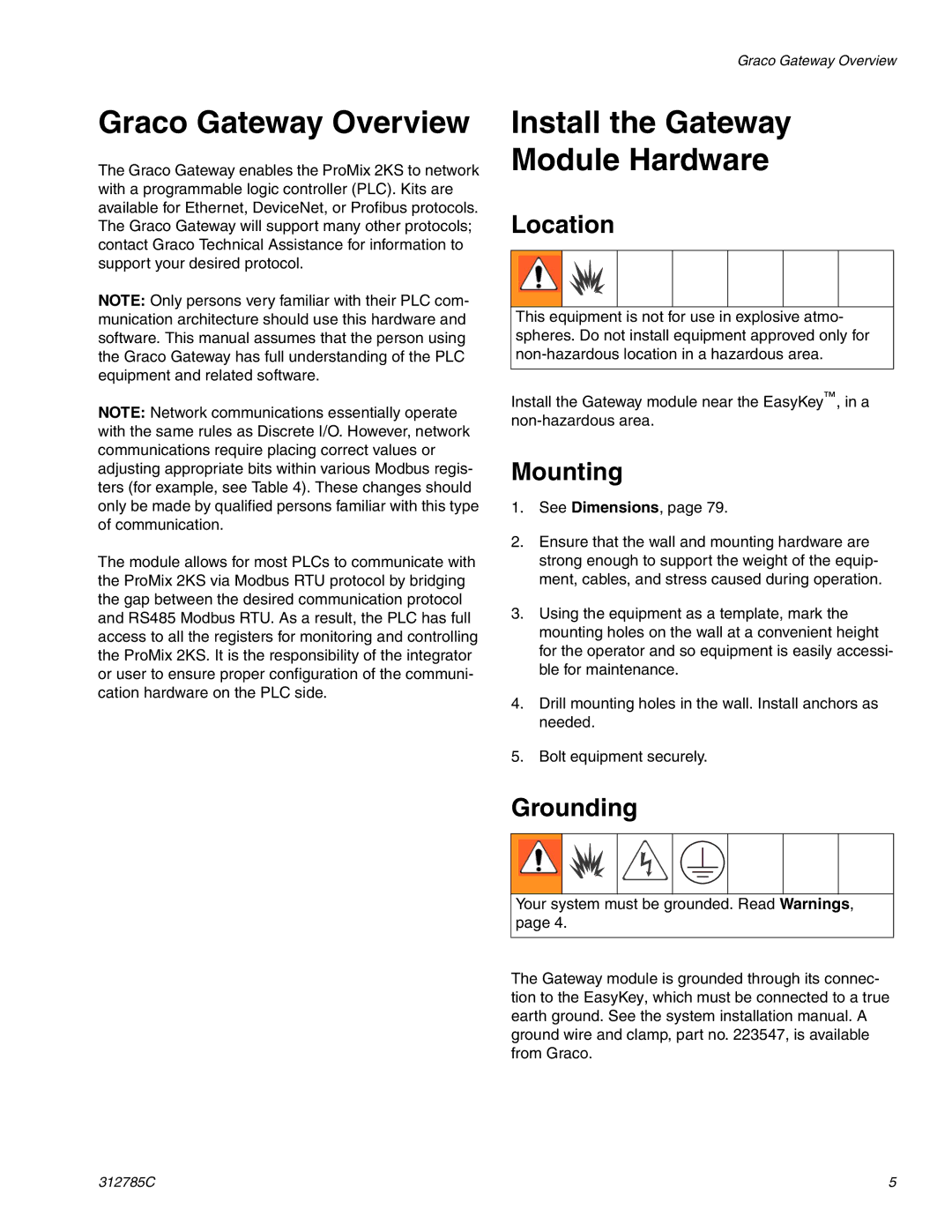 Gateway 312785C Graco Gateway Overview, Install the Gateway Module Hardware, Location, Mounting, Grounding 