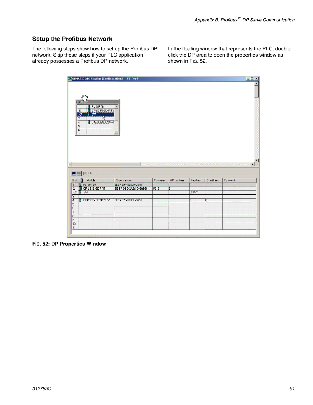 Gateway 312785C important safety instructions Setup the Profibus Network, DP Properties Window 