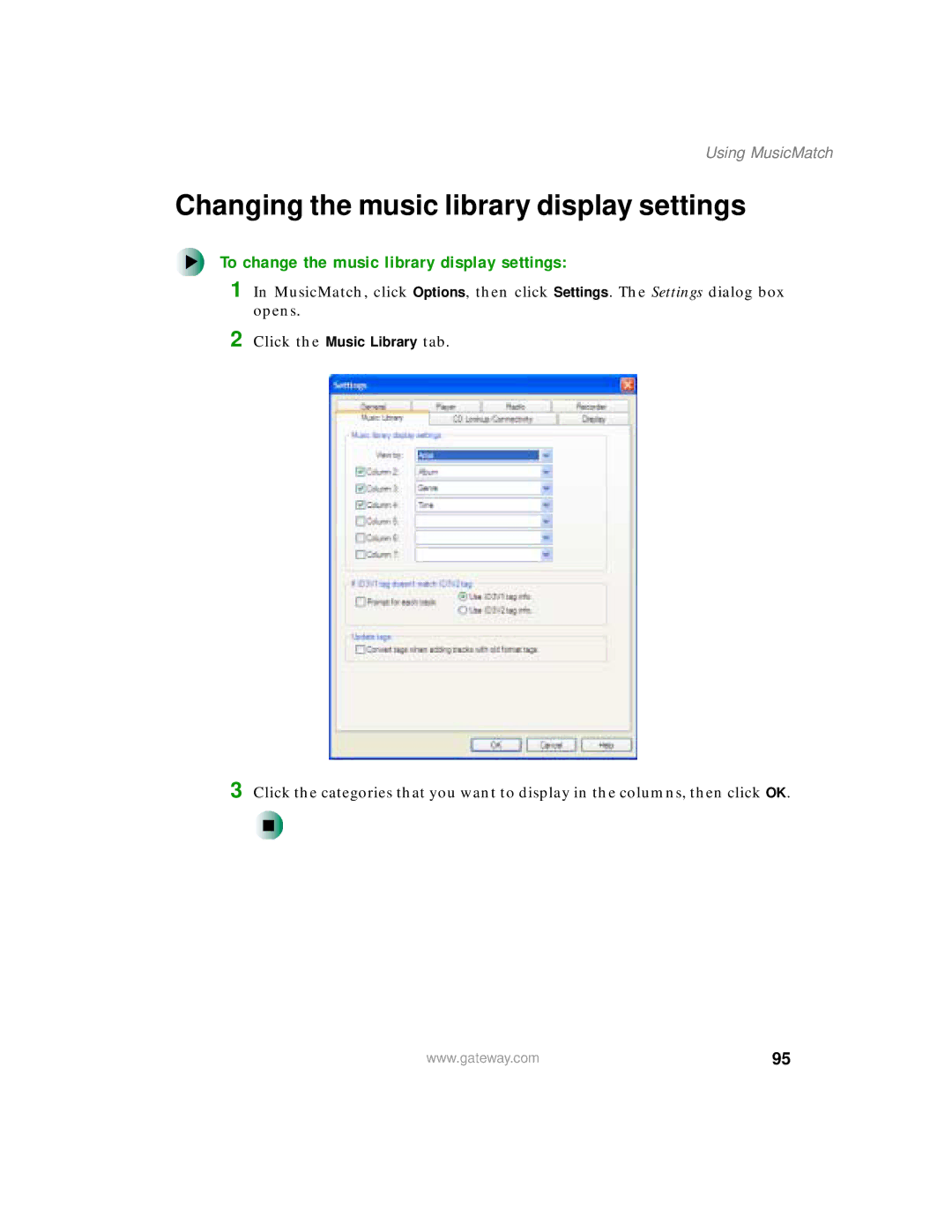 Gateway 400 manual Changing the music library display settings, To change the music library display settings 