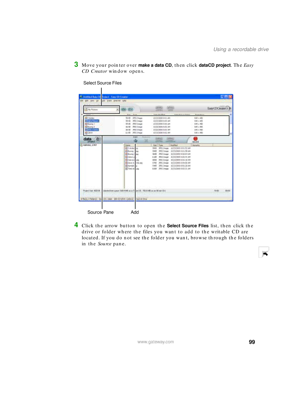 Gateway 400 manual Select Source Files Source Pane Add 