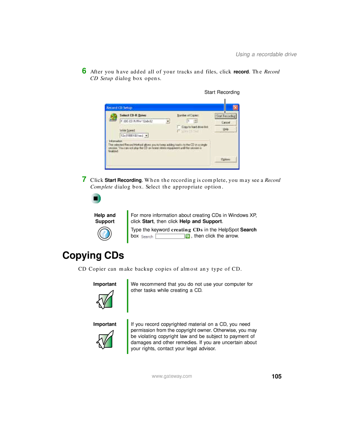 Gateway 400 manual Copying CDs, 105 