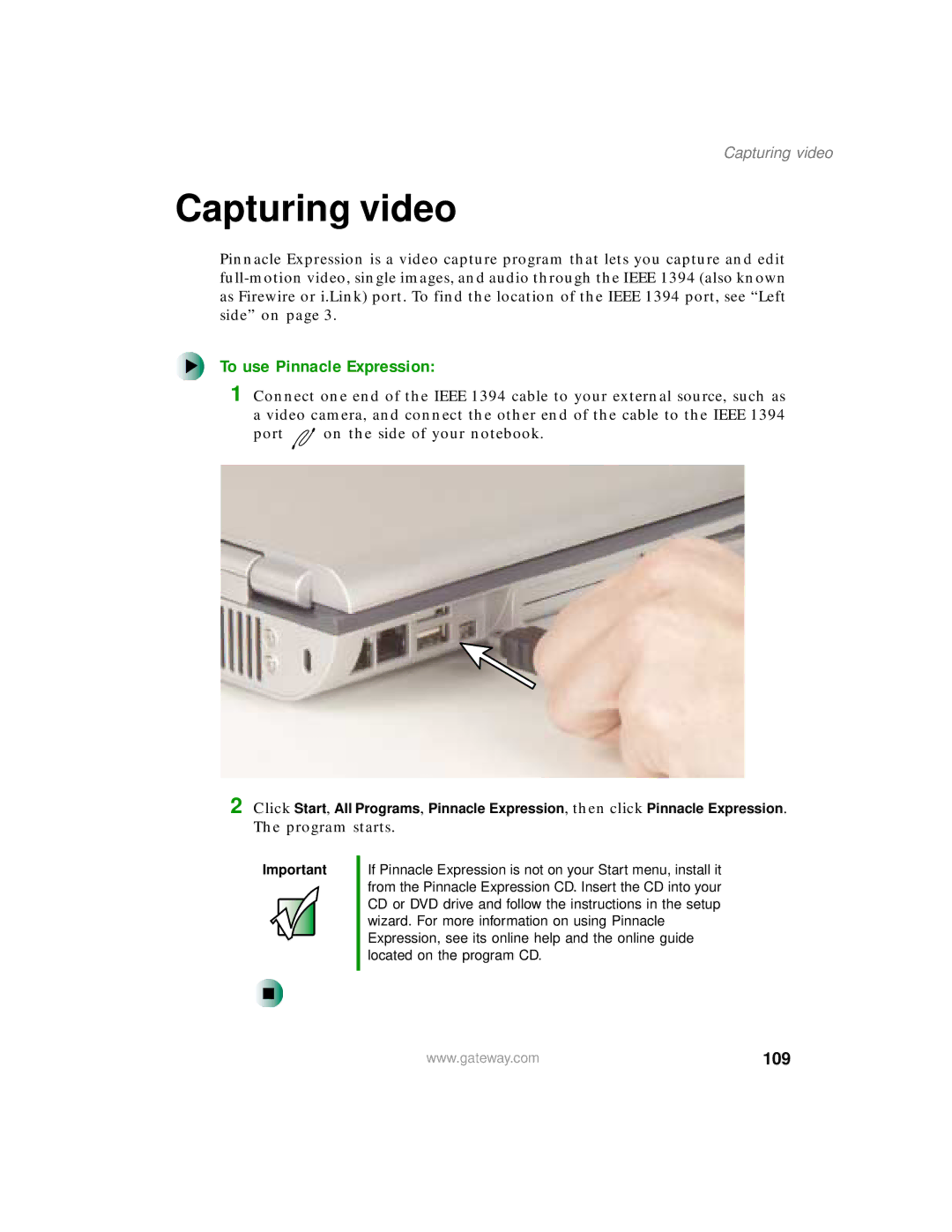 Gateway 400 manual Capturing video, To use Pinnacle Expression, 109 
