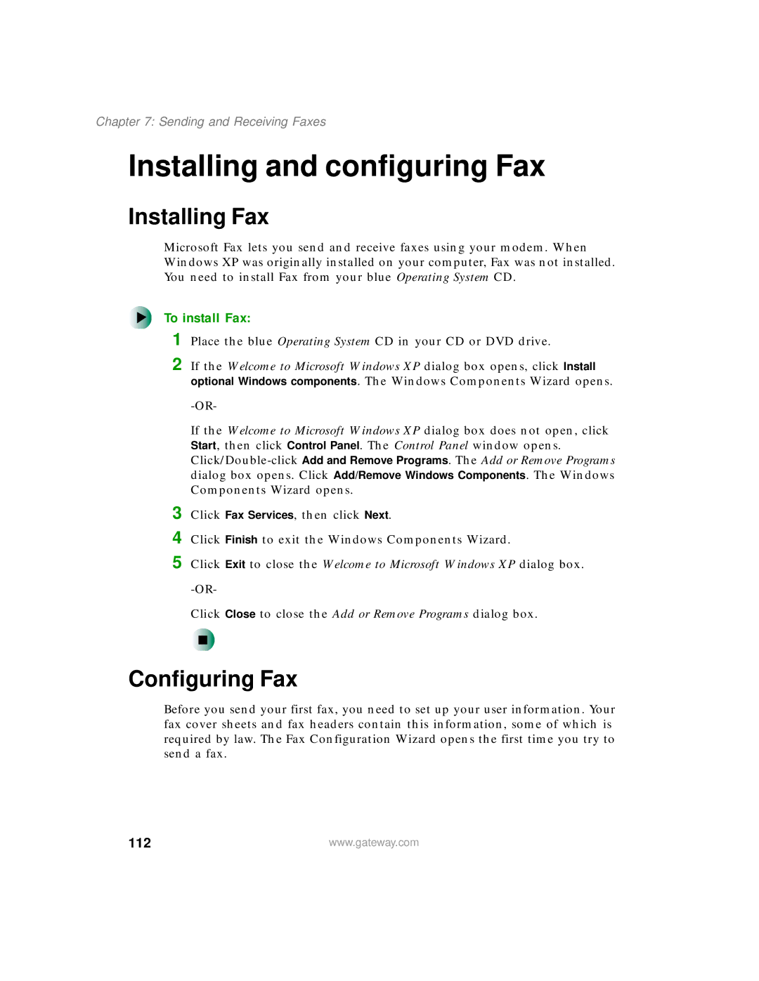 Gateway 400 manual Installing and configuring Fax, Installing Fax, Configuring Fax, To install Fax, 112 