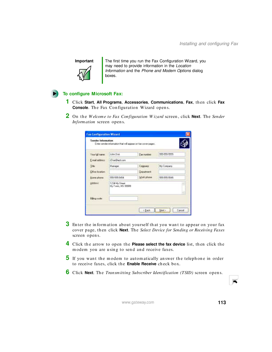 Gateway 400 manual To configure Microsoft Fax, 113 