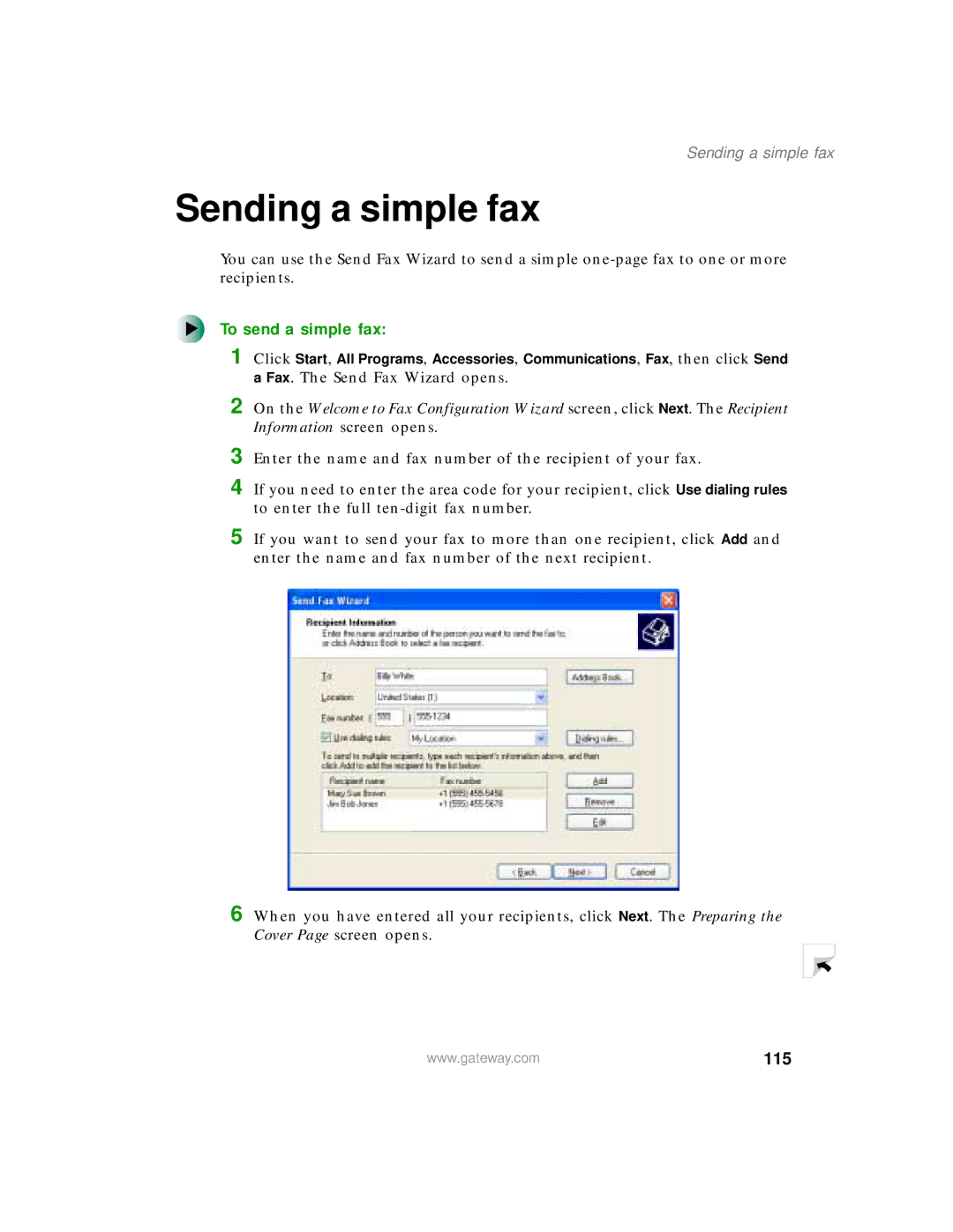 Gateway 400 manual Sending a simple fax, To send a simple fax, 115 