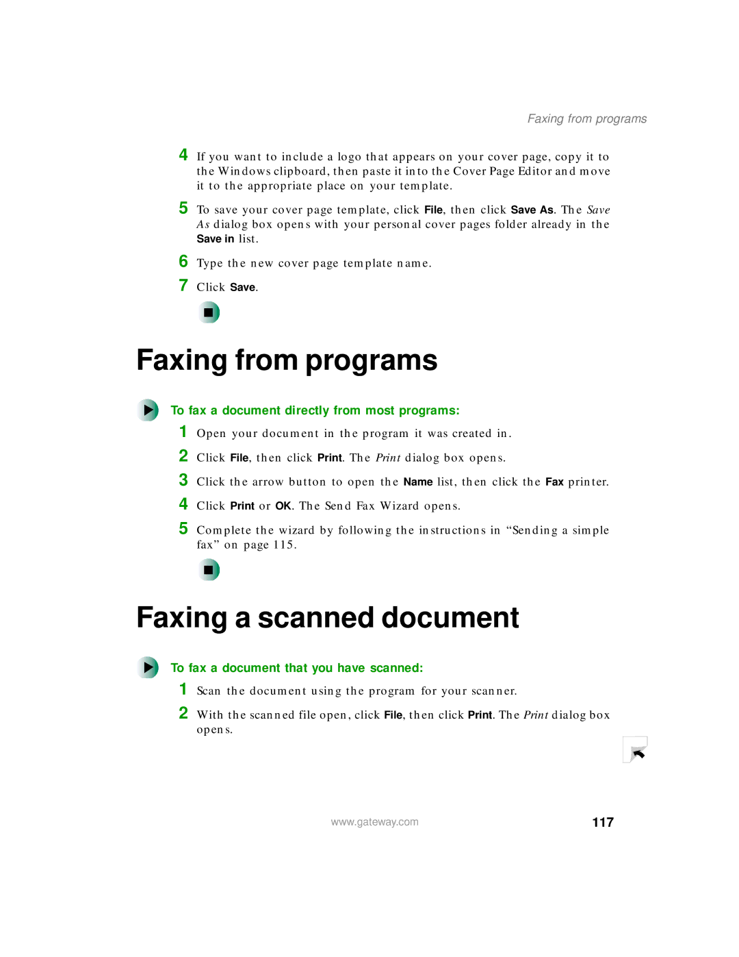 Gateway 400 manual Faxing from programs, Faxing a scanned document, To fax a document directly from most programs, 117 