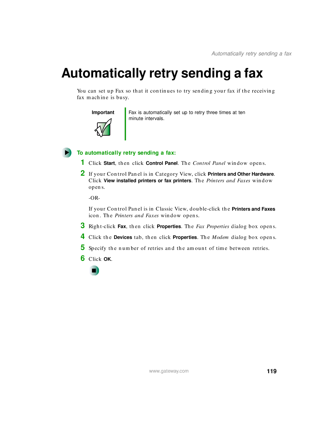 Gateway 400 manual Automatically retry sending a fax, To automatically retry sending a fax, 119 