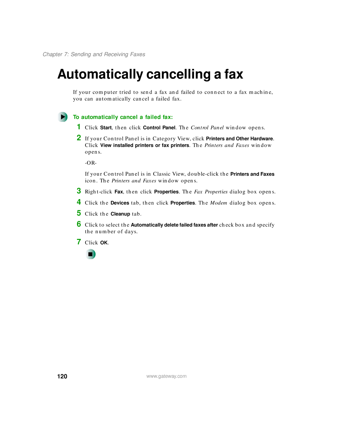 Gateway 400 manual Automatically cancelling a fax, To automatically cancel a failed fax, 120 