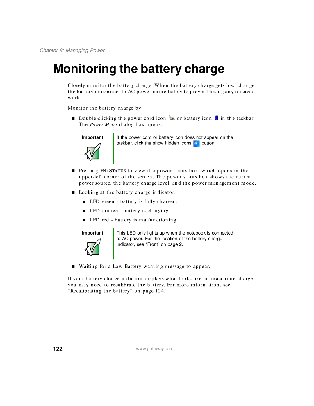 Gateway 400 manual Monitoring the battery charge, 122 