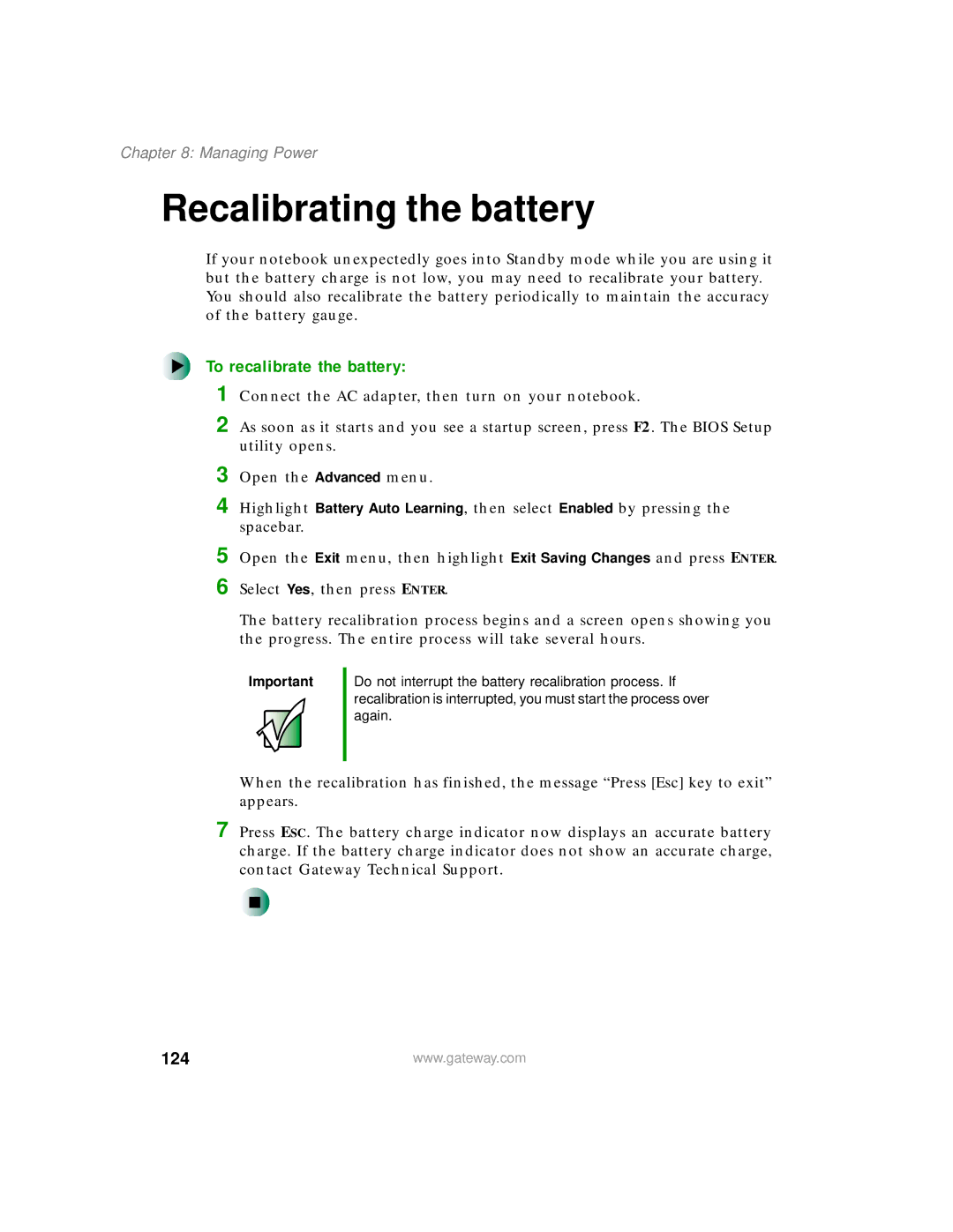 Gateway 400 manual Recalibrating the battery, To recalibrate the battery, 124 