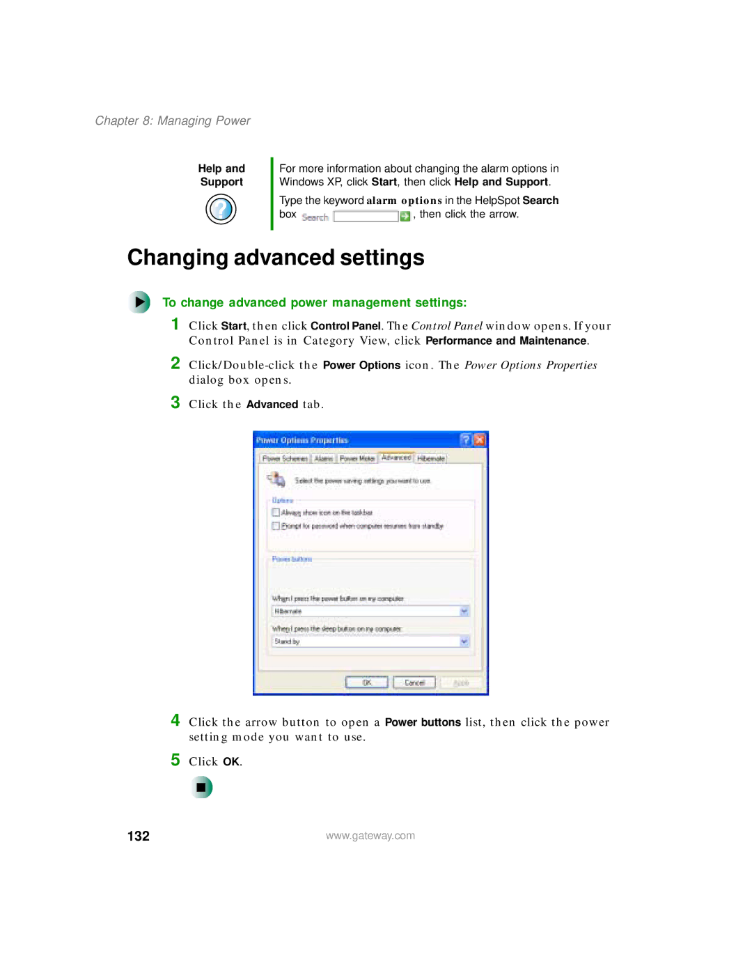 Gateway 400 manual Changing advanced settings, To change advanced power management settings, 132 