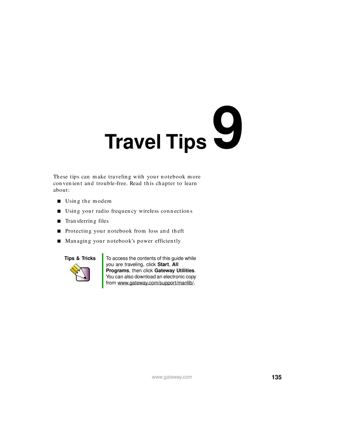 Gateway 400 manual Travel Tips, 135 