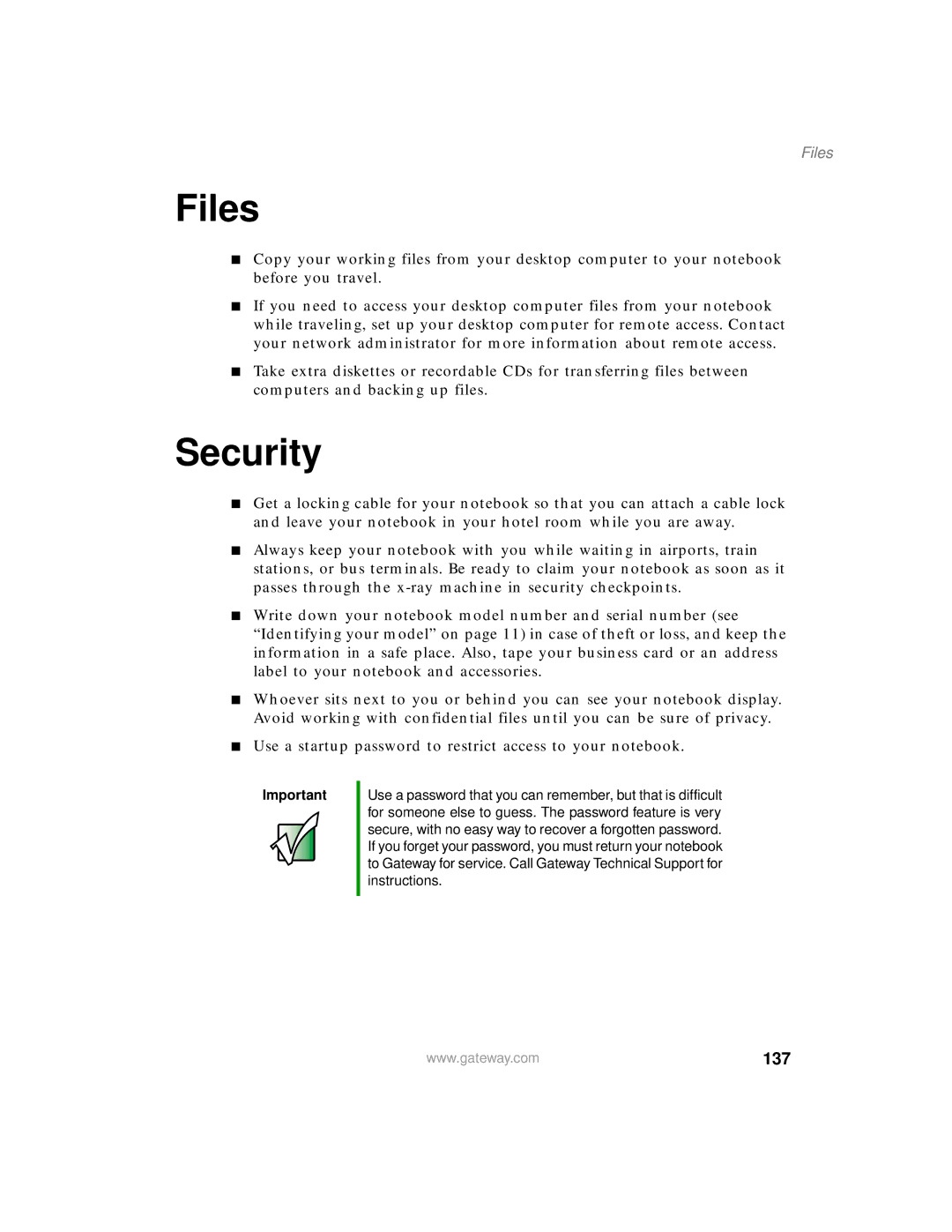 Gateway 400 manual Files, Security, 137 