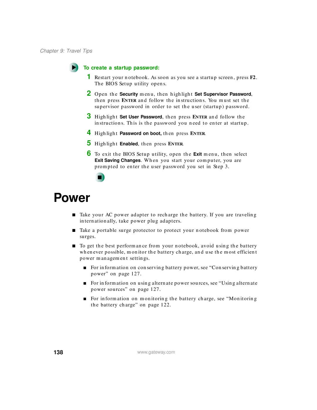 Gateway 400 manual Power, To create a startup password, 138 