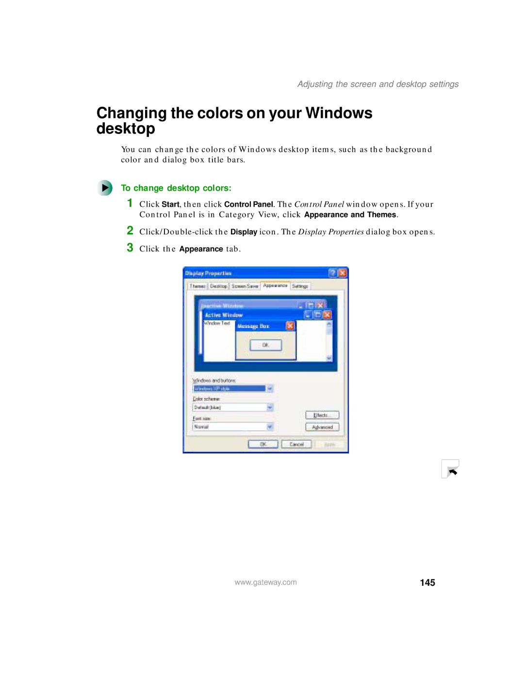 Gateway 400 manual Changing the colors on your Windows desktop, To change desktop colors, 145 