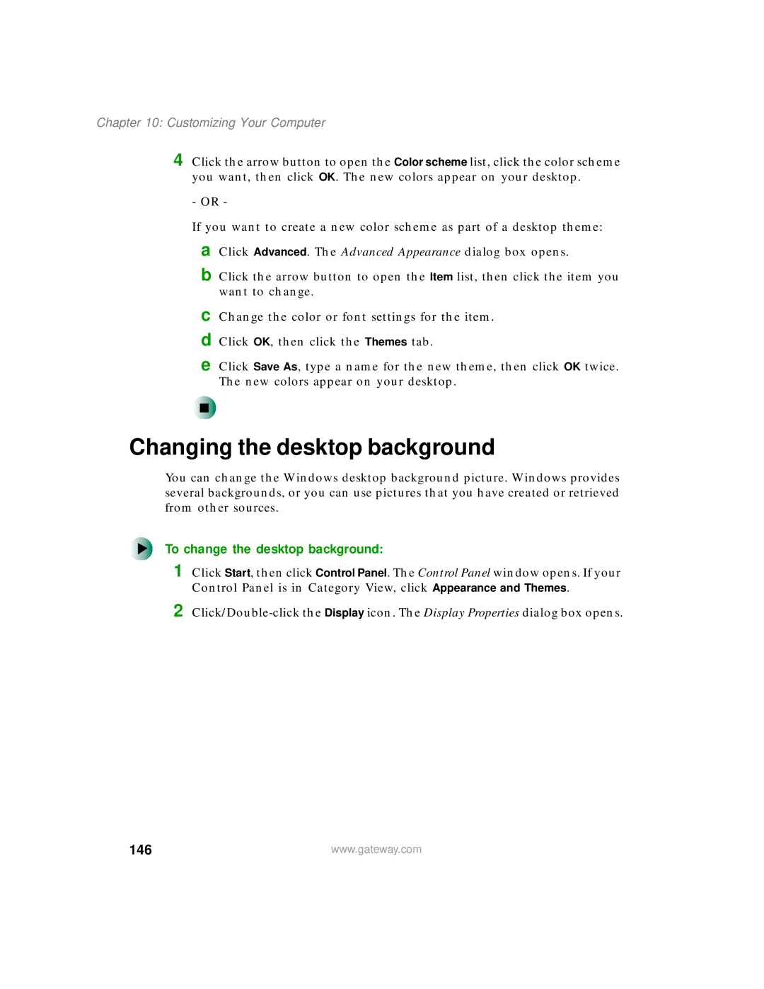 Gateway 400 manual Changing the desktop background, To change the desktop background, 146 