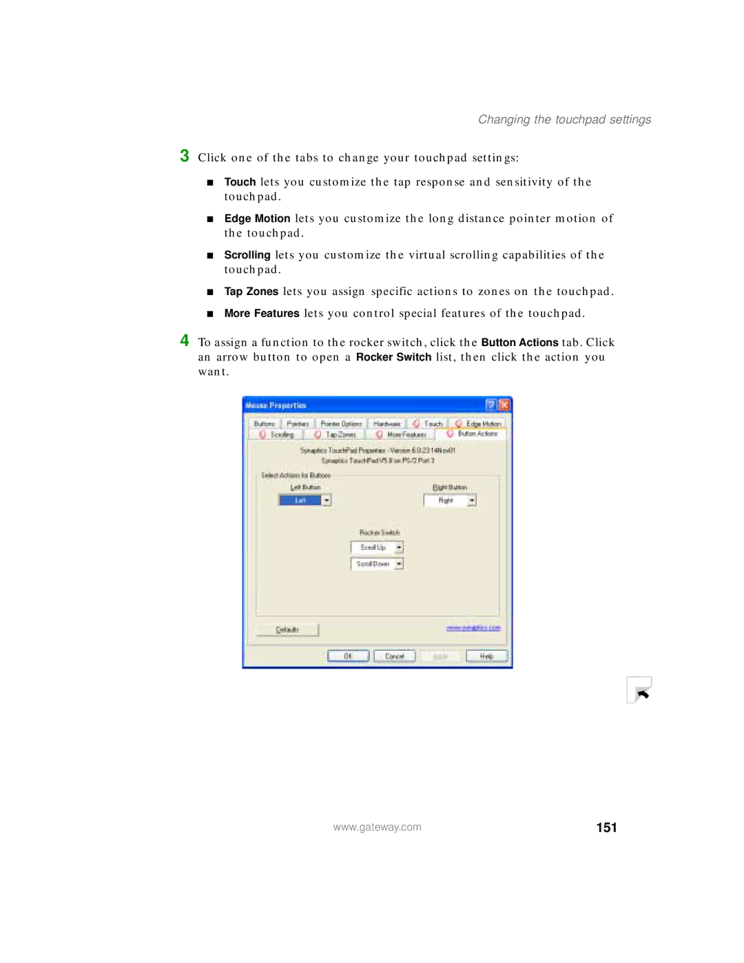 Gateway 400 manual 151, Changing the touchpad settings 