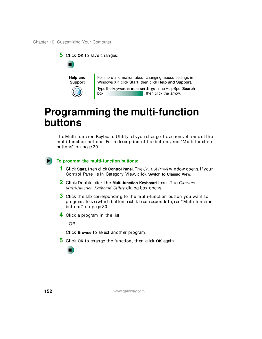 Gateway 400 manual Programming the multi-function buttons, To program the multi-function buttons, 152 