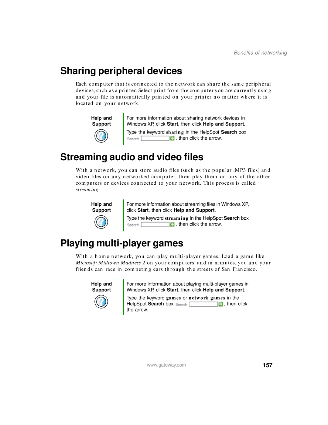 Gateway 400 manual Sharing peripheral devices, Streaming audio and video files, Playing multi-player games, 157 