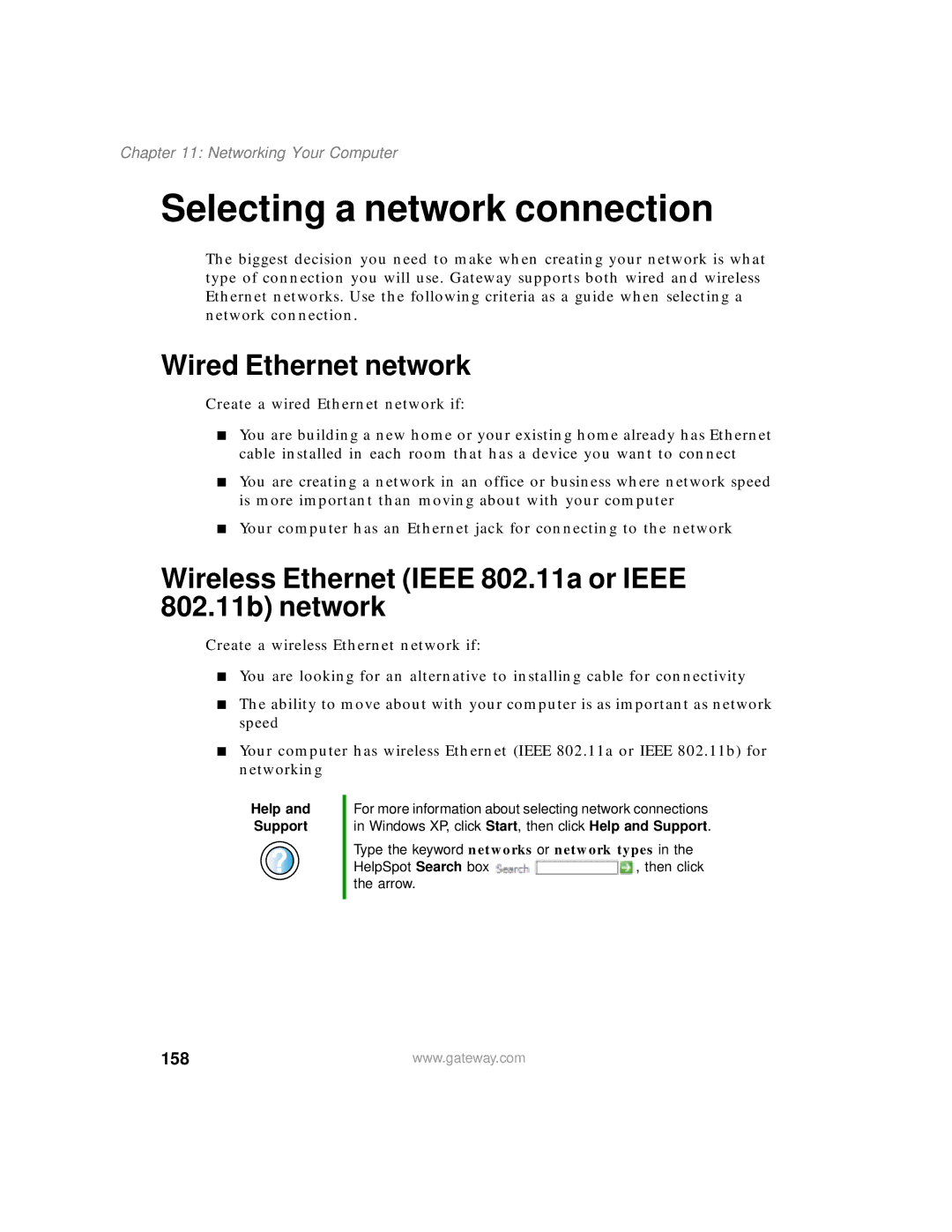 Gateway 400 Selecting a network connection, Wired Ethernet network, Wireless Ethernet Ieee 802.11a or Ieee 802.11b network 