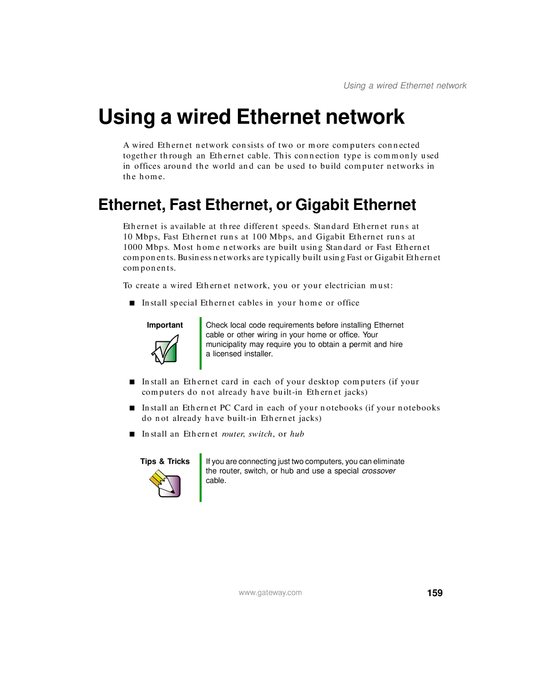 Gateway 400 manual Using a wired Ethernet network, Ethernet, Fast Ethernet, or Gigabit Ethernet, 159 