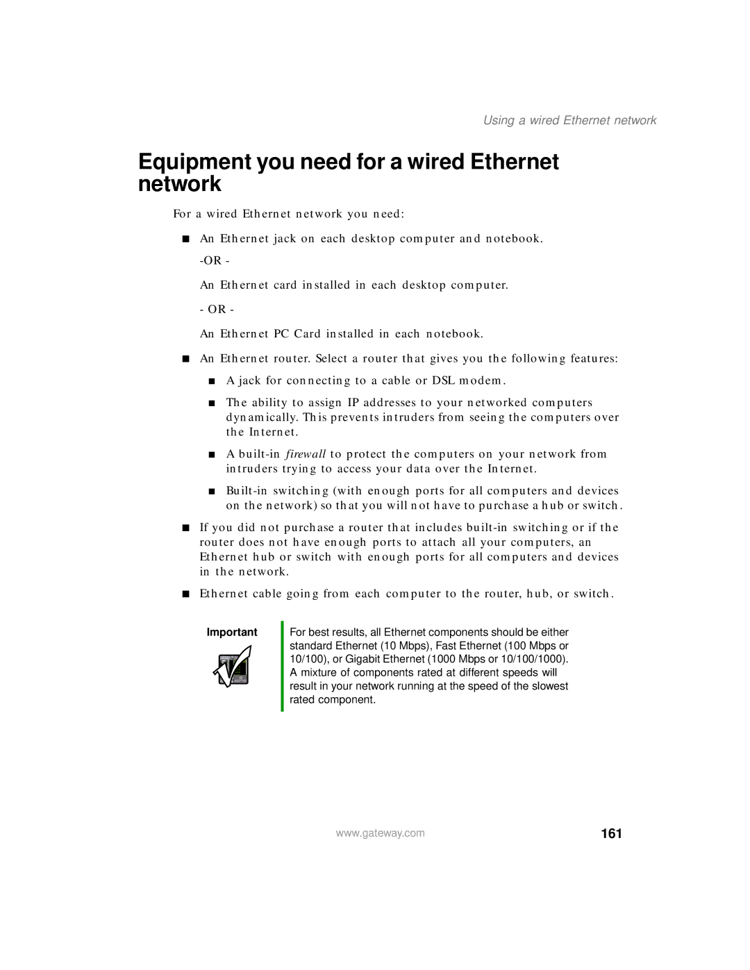 Gateway 400 manual Equipment you need for a wired Ethernet network, 161 