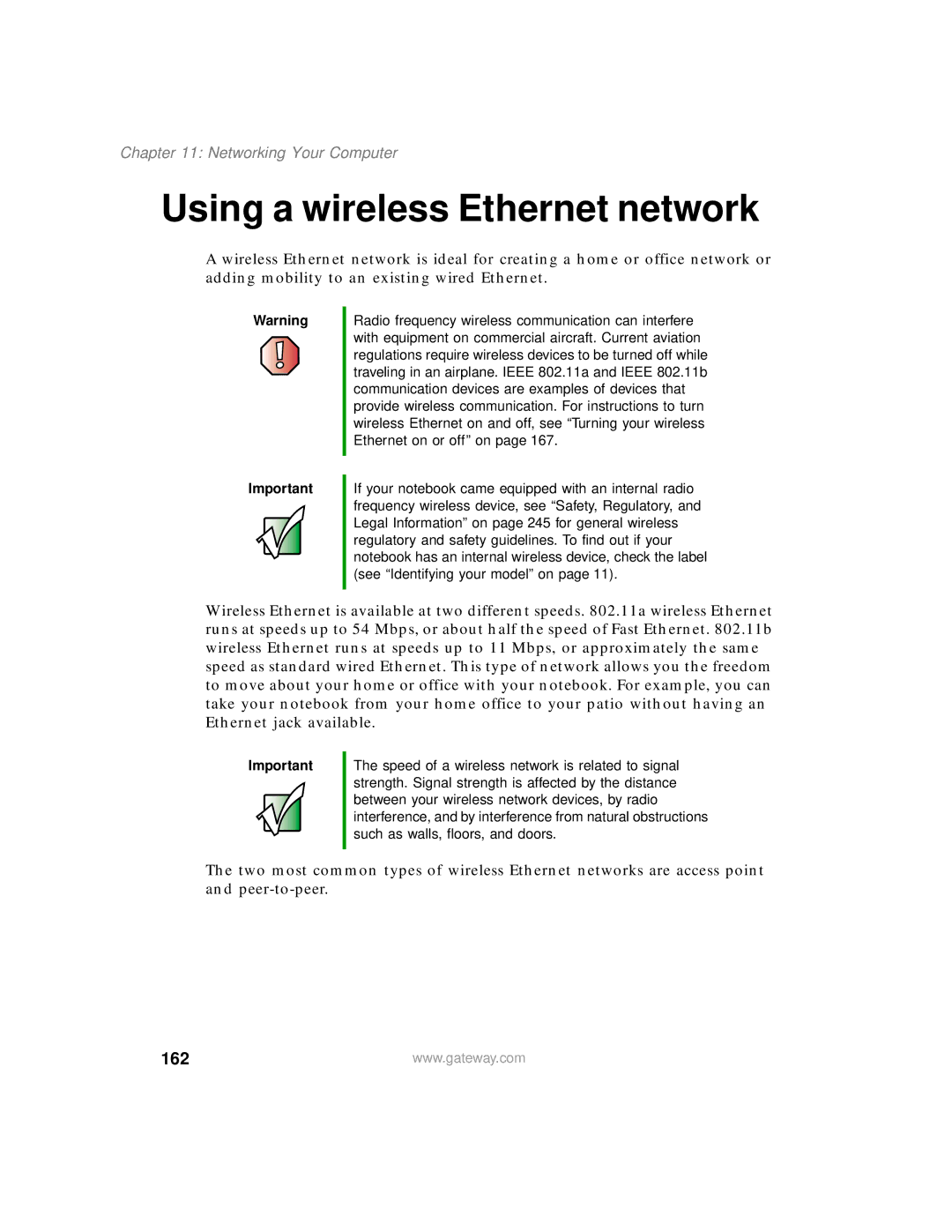 Gateway 400 manual Using a wireless Ethernet network, 162 