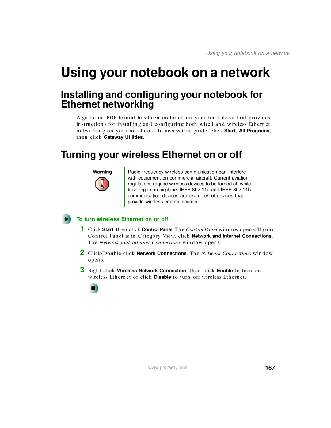 Gateway 400 manual Using your notebook on a network, To turn wireless Ethernet on or off, 167 