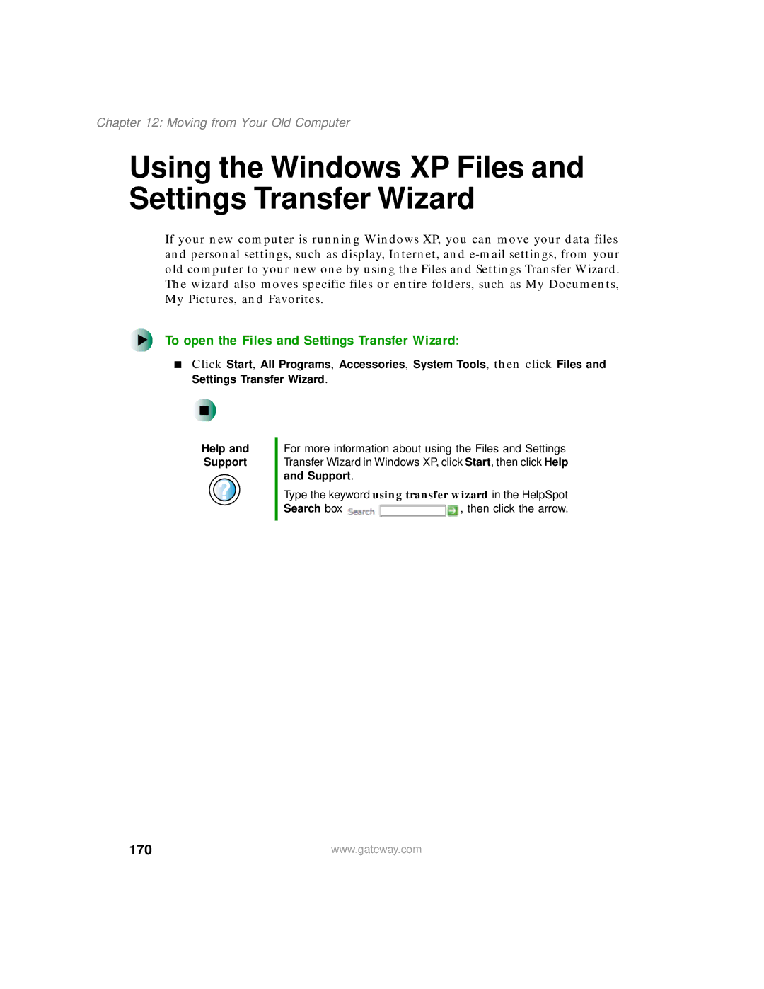 Gateway 400 Using the Windows XP Files and Settings Transfer Wizard, To open the Files and Settings Transfer Wizard, 170 