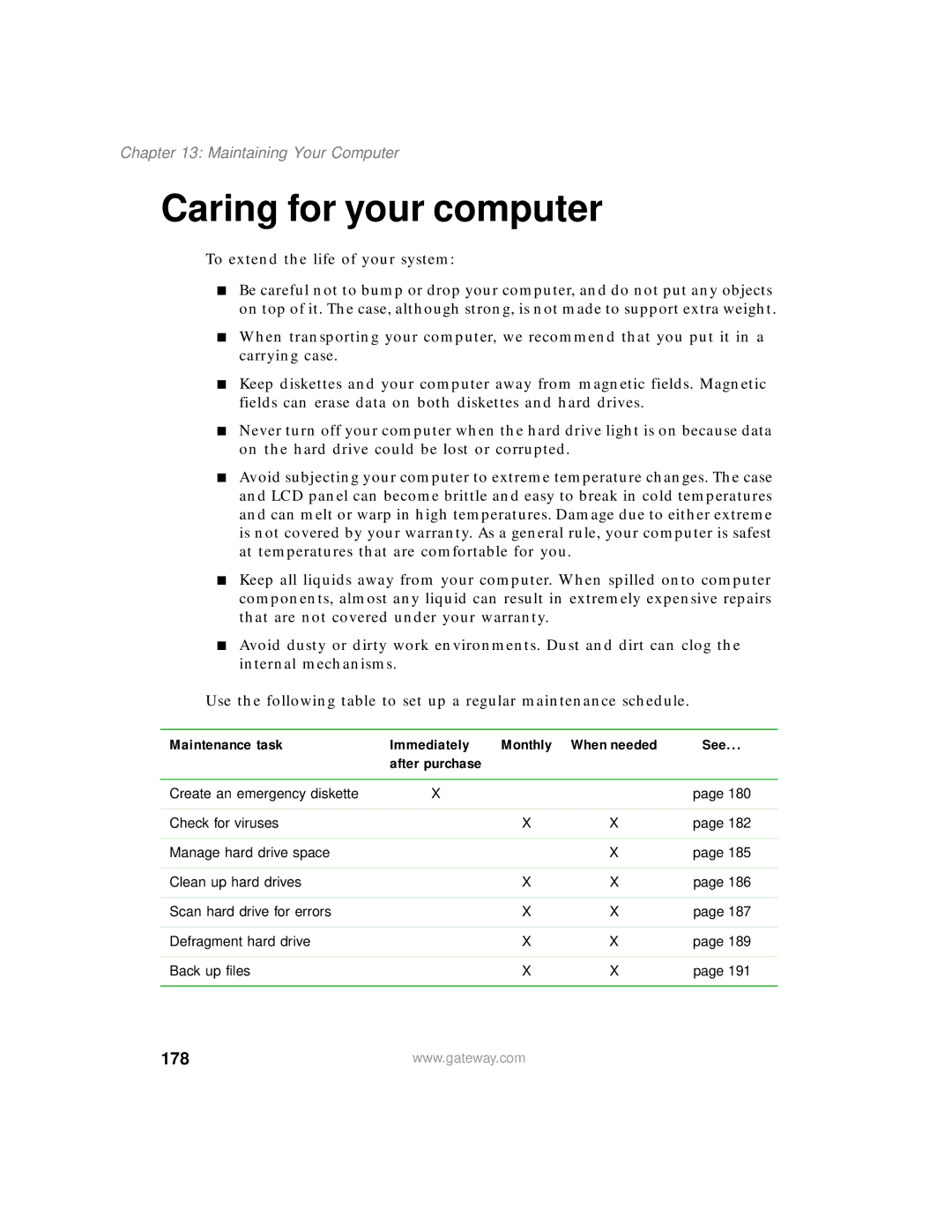 Gateway 400 manual Caring for your computer, 178, Maintenance task Immediately, After purchase 