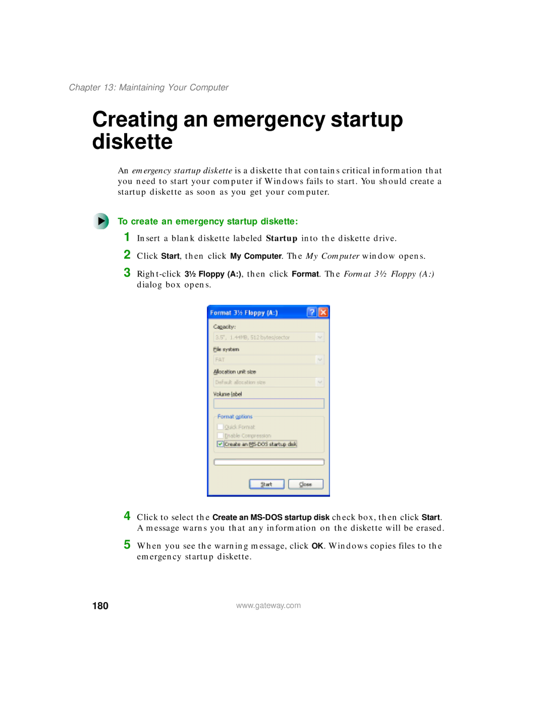 Gateway 400 manual Creating an emergency startup diskette, To create an emergency startup diskette, 180 